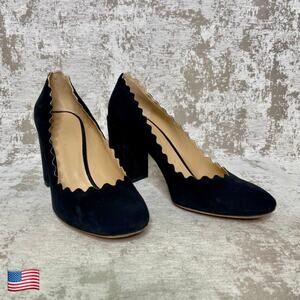 Chloe Lauren Scalloped Block Heel Suede Pumps in Black